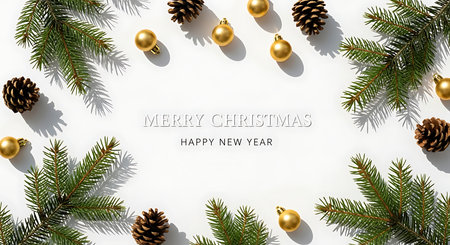 A top down view of a white surface adorned with fresh green pine branches, natural pinecones, and shiny golden baubles, creating a festive Christmas border.の素材
