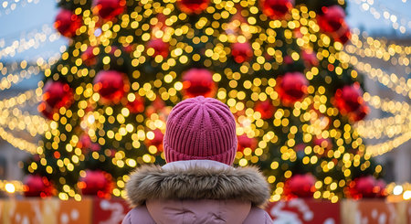 A young person, viewed from behind, is captivated by the dazzling lights and ornaments of a large, illuminated Christmas tree, evoking a sense of wonder and holiday cheer.の素材