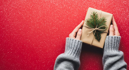 A festive overhead shot showcases a person's hands wearing a cozy grey sweater, presenting a brown paper-wrapped present tied with twine and decorated with a small evergreen branch.の素材