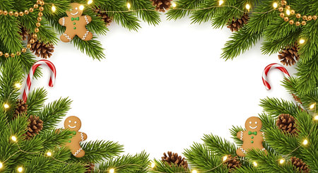 A vibrant and festive Christmas garland frames a blank white space. Decorated with pinecones, gingerbread cookies, candy canes, and warm twinkling lights, it evokes holiday cheer and seasonal celebration.の素材