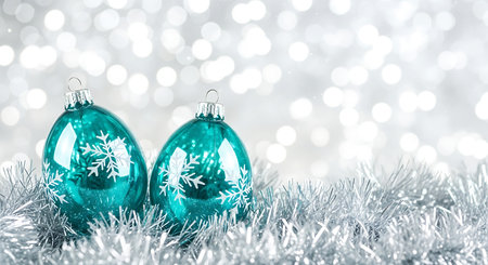 Two vibrant teal Christmas ornaments are nestled in fluffy silver tinsel. The background features a dreamy blur of white bokeh lights, creating a festive and magical holiday atmosphere.の素材