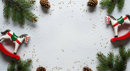 A charming overhead view of a Christmas arrangement featuring two vintage rocking horses, lush green pine branches, and natural pinecones scattered on a textured white surface.の素材