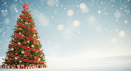 A beautifully decorated Christmas tree with red ribbon and lights stands in a snowy landscape. Soft bokeh lights and falling snow create a magical, festive atmosphere, perfect for holiday greetings.の素材