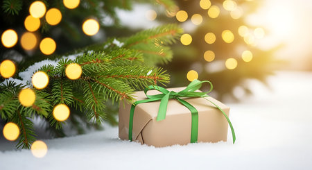 A single, beautifully wrapped gift sits nestled in fresh snow beside a green Christmas tree adorned with warm, glowing bokeh lights, evoking a sense of holiday magic.の素材