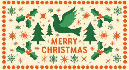 A charming illustration featuring a green dove in flight, surrounded by stylized Christmas trees, holly leaves with red berries, and delicate snowflakes, all within a decorative border.の素材