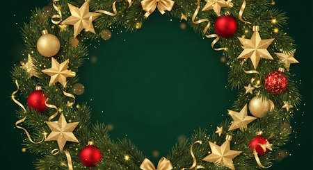 A beautifully decorated Christmas wreath featuring lush green pine branches, sparkling golden stars, shiny red and gold baubles, and shimmering ribbons, creating a warm and inviting holiday atmosphere.の素材
