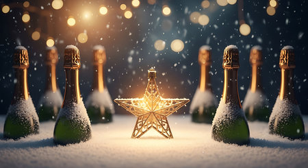 A celebratory scene unfolds with several chilled champagne bottles arranged around a radiant, star-shaped ornament. Snow falls gently amidst a backdrop of soft, glowing bokeh lights, creating a magical holiday atmosphere.の素材