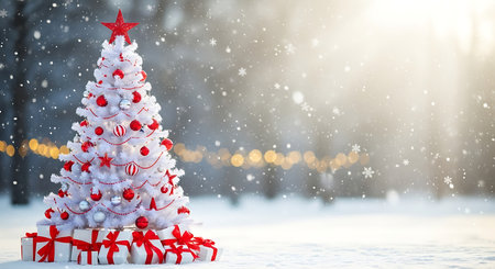 A festive white Christmas tree, decorated with red ornaments and bows, sits in a tranquil, snow-covered forest. Sunlight streams through the trees, casting a warm glow as snow gently falls.の素材