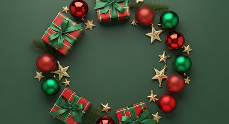 A circular arrangement of red and green baubles, wrapped presents, and golden star ornaments creates a festive Christmas wreath on a solid deep green backdrop.の素材