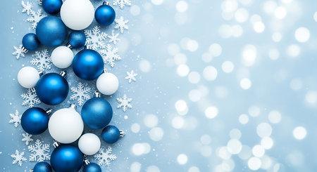 A vertical arrangement of shimmering blue and white Christmas ornaments interspersed with delicate white snowflakes. The background features soft, blurred bokeh lights, creating a magical and festive holiday atmosphere.の素材