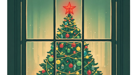 A beautifully decorated Christmas tree, adorned with colorful ornaments and twinkling lights, stands tall and bright. It is viewed through a window with dark green mullions, creating a cozy and inviting holiday scene.の素材