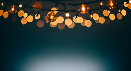 A festive and enchanting scene featuring a strand of warm, golden string lights casting a soft glow. The blurred bokeh effect adds depth and a dreamy quality to the dark background.の素材