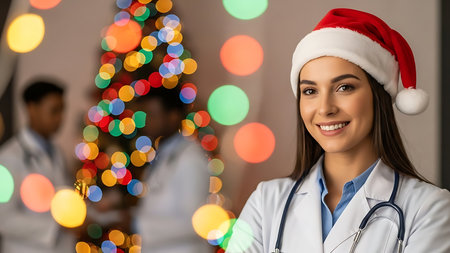 A cheerful female doctor in a white coat and Santa hat smiles at the camera, with a festive Christmas tree and blurred medical professionals behind her.の素材