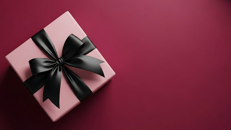 A single, beautifully wrapped pink gift box with a luxurious black ribbon bow sits on a rich, dark red surface, suggesting a special occasion.の素材