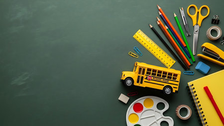 A colorful assortment of essential school items, including pencils, crayons, scissors, and a toy school bus, are neatly organized on a dark green chalkboard.の素材