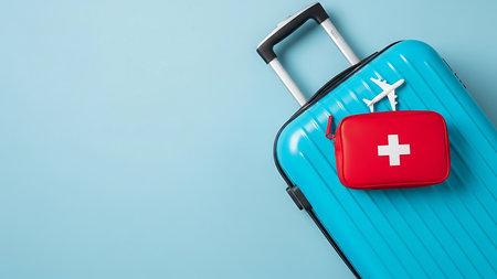 A vibrant red first aid kit and a miniature airplane charm are prominently displayed on a turquoise suitcase, symbolizing safe and prepared travel.の素材