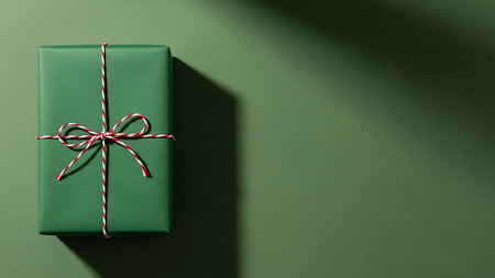 A single, elegant green gift box is presented with a delicate bow and twine, illuminated by soft light creating a serene atmosphere.の素材