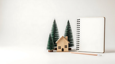A charming miniature wooden house sits between two festive evergreen trees, beside an open notebook and pencil, evoking winter and creative inspiration.の素材