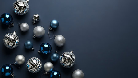 A collection of shiny blue and silver Christmas baubles are artfully arranged on a dark, textured surface, creating a festive and sophisticated holiday display.の素材