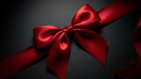 A close-up shot of a luxurious red satin ribbon tied into a perfect bow, set against a dark, textured background with striking light.の素材