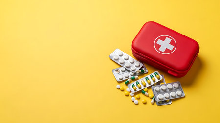 A red first aid kit with a white cross sits next to scattered blister packs and loose pills on a bright yellow surface.の素材