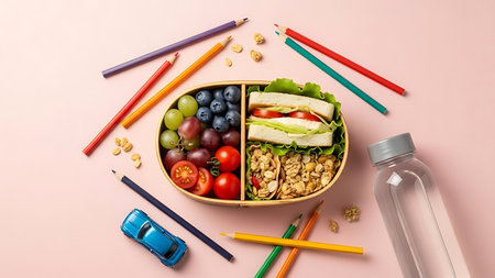 A vibrant and healthy school lunchbox with fruits, vegetables, and a sandwich, surrounded by art supplies and a water bottle.の素材