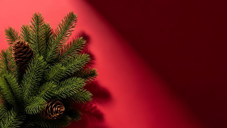 A festive close-up of a pine branch adorned with natural pinecones, casting a shadow on a rich red backdrop with stark lighting.の素材