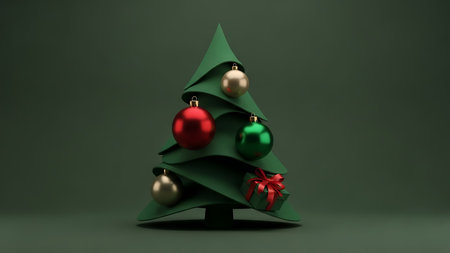 A stylized green fabric Christmas tree stands tall, decorated with shiny baubles and a wrapped gift, set against a deep green backdrop.の素材