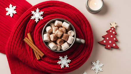 A warm mug of hot chocolate overflowing with marshmallows sits nestled in a red scarf, surrounded by snowflakes and a gingerbread tree.の素材