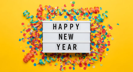 Happy New Year text on lightbox with colorful confetti on yellow backgroundの素材