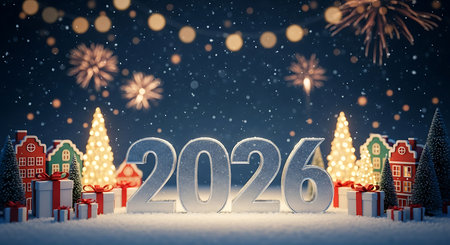 Happy New Year 2016. Festive Christmas background with holiday decorations and fireworks. 3D rendering.の素材