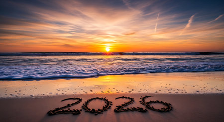 Happy new year 2020 written on the beach at sunset time. Holiday conceptの素材