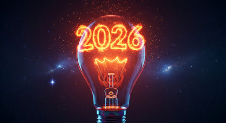 Glowing glass lightbulb with 2026 new year text. 3D renderingの素材