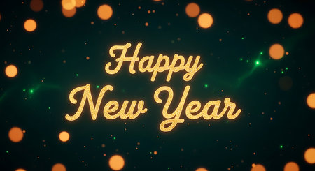 Happy New Year lettering on bokeh background. Vector illustration.の素材