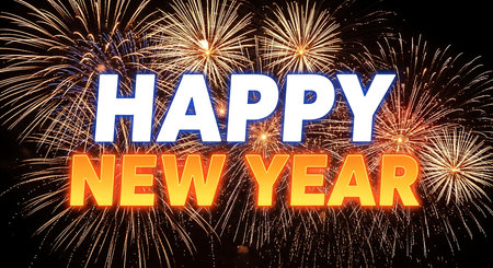Happy new year written with Sparkle firework on black sky background.の素材