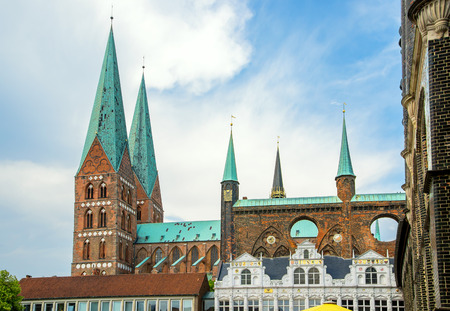 St. Mary Church and Town Hall. Hanseatic town of Lubeck, Schleswig-Holstein, Germanyの写真素材
