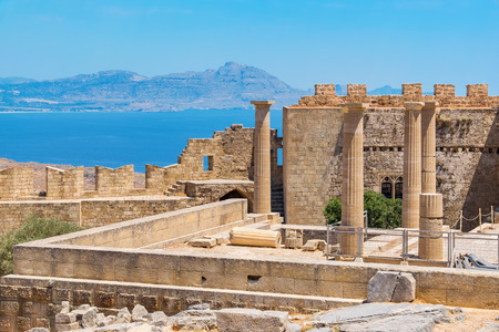 View of Acropolis in Lindos and Vliha bay. Rhodes Island, Dodecanese, Greeceの写真素材