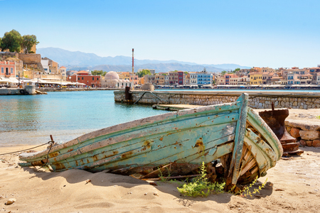 Abandoned  boat  in harbour of Chania. Crete, Greeceの写真素材