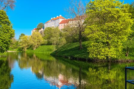 Pond and park close to wall of old town. Tallinn, Estonia, Baltic States, Europeの写真素材