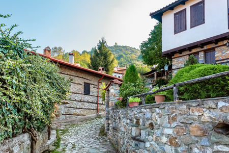 Street and traditional houses at Palaios (old) Panteleimonas village. Pieria, Macedonia, Greeceの写真素材