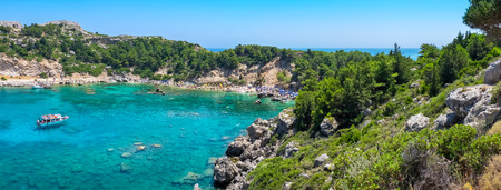 Panoramic view of Ladiko Anthony Quinn Bay. Rhodes, Dodecanese Islands, Greece, Europeの写真素材