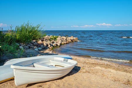Boat at the coast of the Lake Peipus. Estonia, Europeの写真素材