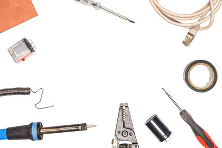 Set of electrics and electronics. Electrical tools and components.