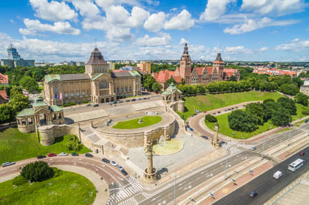 Szczecin aerial view - Chrobry Boulevard. Landscape of Szczecin with the river Odra and the horizon.のeditorial素材