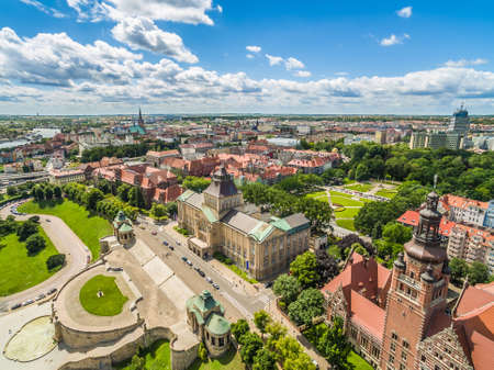 Szczecin aerial view. Old Town and Chrobrego Shafts. City landscape with blue sky.の写真素材