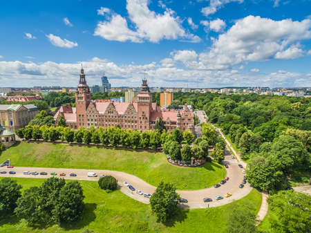 Szczecin aerial view. Landscape of the town with the Chrobry shafts seen from the Odra side.の写真素材