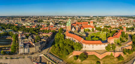 Cracow - panorama of the city from the air. Cracow's landscape with the royal castle and the Wawel...