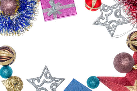 Background with Christmas gifts and decorations. Christmas bubbles and stars. Christmas decorations. Preparing for holidays.の写真素材