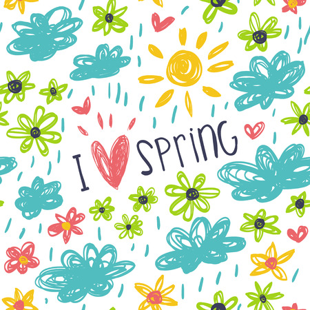 Seamless pattern with sun, clouds, flowers, hearts and polka dots.のイラスト素材