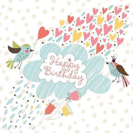 Happy birthday. Sweet card with birds, hearts and flowers.のイラスト素材